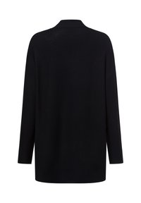 Schwarzer übergroßer Pullover mit gerippter Textur, langen Ärmeln und einem dezenten hohen Kragen. Die Rückseite weist ein sauberes, nahtloses Design auf.