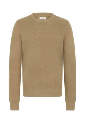 Khaki kötött pulóver, kerek nyakkivágással, hosszú ujjal, bordás mandzsettával és aljjal. Puha tapintású, könnyű és a varrások egyenletesek.