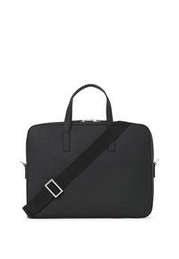 Geantă de laptop neagră, cu o formă structurată, dotată cu închidere prin fermoar, două mânere și o curea de umăr ajustabilă. Material texturat cu accesorii din argint.