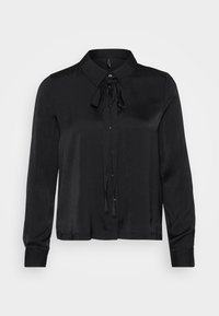 Svart langermet bluse laget av glatt stoff. Har krage, knappestolpe foran og en sløyfe ved halsen. Enkelt design.