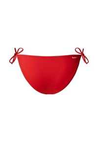 Červené bikini nohavičky s bočnými zaväzovacími uzlami a malým bielym logom v pravom hornom rohu na jednoduchom bielom pozadí.