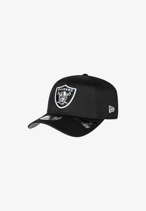 Black cap featuring a prominent white Raiders logo on the front, smooth fabric, curved brim, and ventilation holes on the sides.