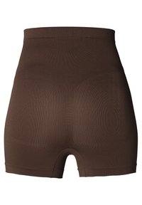 Bruna högmidjade shapewear-shorts med en mjuk textur och elastisk midjeband, med en skärning vid mitten av låret och subtila ribbade detaljer.