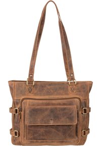 Borsa tote in pelle marrone con una texture morbida, doppie spalline, tasca frontale con zip e dettagli in metallo sui lati.