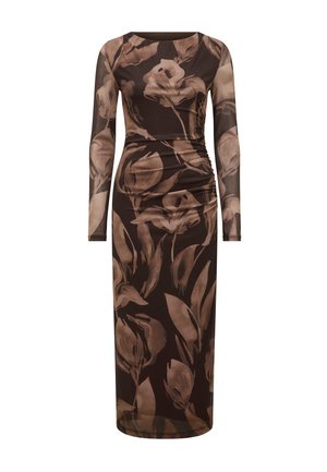 Robe serrée à manches longues de couleur marron avec un grand motif floral beige et un détail froncé d'un côté.