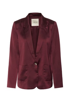 Burgundska satenska blejzerica z robatim ovratnikom, zapenjanjem na en gumb in dvema sprednjima žepoma. Gladka tekstura in krojenje poudarjata eleganco.
