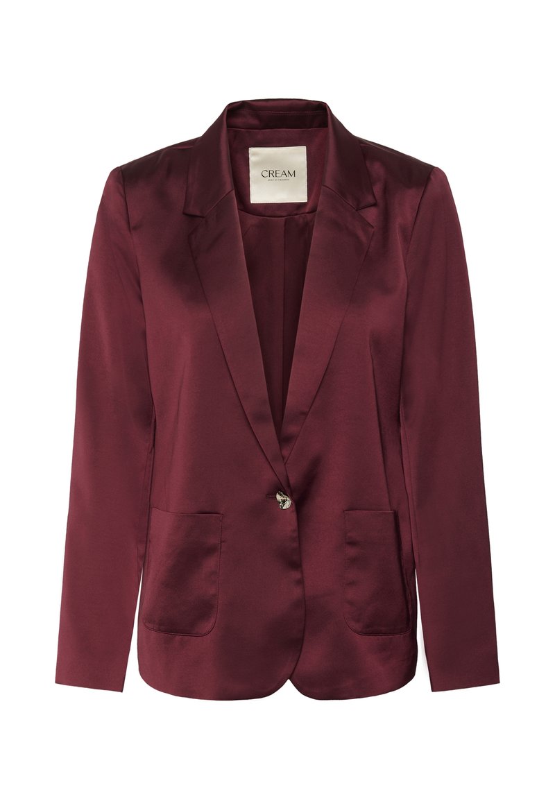 Burgundowy satynowy żakiet z zaznaczeniem klap, zapięciem na pojedynczy guzik i dwoma przednimi kieszeniami. Gładka tekstura i dopasowany krój podkreślają elegancję.