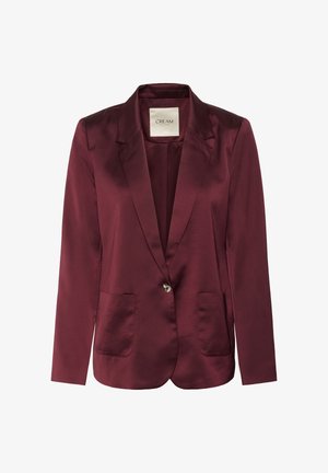 Burgundy satin blazer with a notched lapel, single-button closure, and two front pockets. Smooth texture and tailored design enhance elegance.