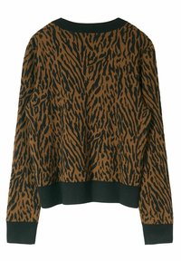 Braun- und schwarz gemusterter Langarmpullover mit schwarzem geripptem Kragen, Bündchen und Saum, von hinten gezeigt.