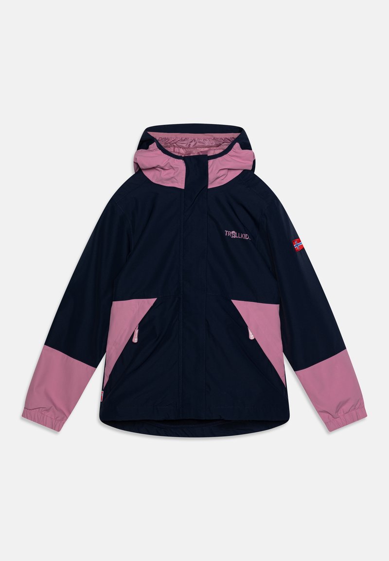 Wasserfeste Jacke mit Marineblau- und Pinkfarbblockierung, Kapuze, Frontreißverschlusstaschen, elastischen Bündchen und einem Logo auf der Brust.