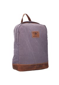 Zaino in tessuto viola con base e rifiniture in pelle marrone, forma rettangolare, dotato di manico superiore e patch etichetta sul davanti.