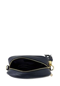 Borsa in pelle blu navy con doppia apertura a zip, superficie texture, dettagli in metallo dorato e nappina decorativa. Interno spazioso e scuro.