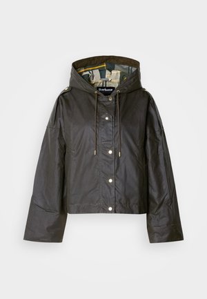 Black cropped jacket with a hood, featuring a zip and snap button closure, drawstring, and gold-tone hardware. Interior has a patterned lining.