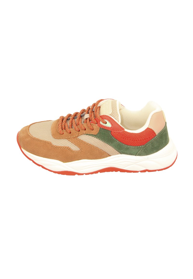 Sneaker with a tan suede upper, green and red accents, mesh panels, white sole, and brown laces. Features padded collar and textured surface.