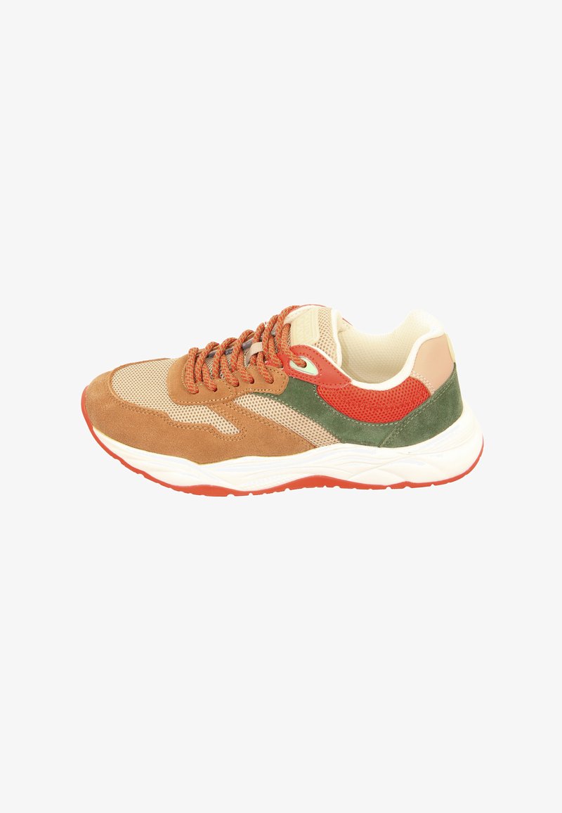 Sneaker with a tan suede upper, green and red accents, mesh panels, white sole, and brown laces. Features padded collar and textured surface.