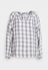 Blouse légère à manches longues en motif vichy bleu et blanc. Présente un décolleté en V et des détails froncés aux épaules et aux poignets.