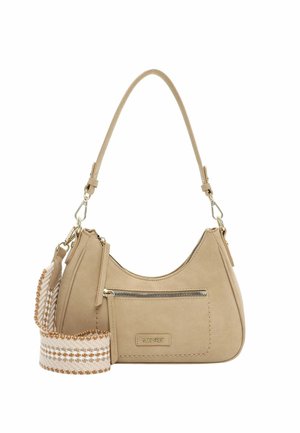 Beige shoulder bag with zippered front pocket, adjustable strap, and woven decorative crossbody strap attached on white background.