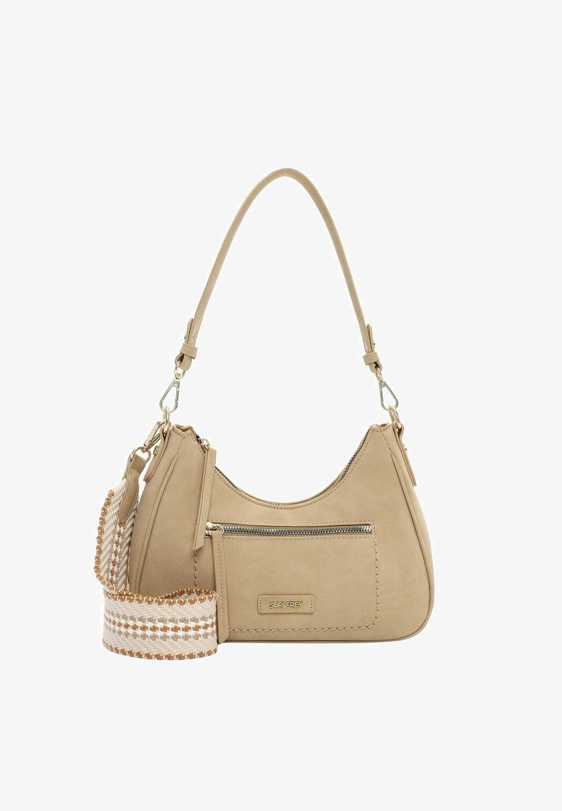 Beige schoudertas met ritssluiting aan de voorkant, verstelbare riem en gevlochten sierlijke crossbodyriem, gefotografeerd op een witte achtergrond.