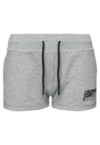 Pantalones cortos deportivos de algodón gris con cintura elástica, cordón negro y un logotipo impreso en el lado inferior derecho. Textura suave.