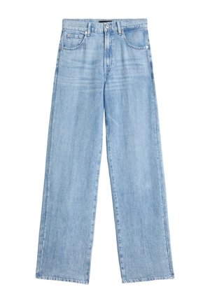 Jean en denim bleu clair avec une taille haute, des jambes larges et droites, des poches avant, et une fermeture par bouton et fermeture éclair.