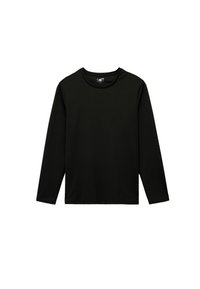 Schwarzes Langarmshirt aus glattem Stoff. Mit Rundhalsausschnitt und ohne sichtbare Muster oder Akzente. Einfaches und vielseitiges Design.