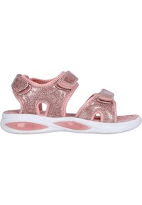 Rosa glittriga sandaler med kardborreband, med en vadderad sula och vit sula med genomskinliga detaljer. Öppen tå-design.