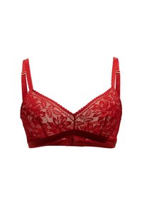 Bralette in pizzo rosso con motivo floreale, bordi ad onde e spalline regolabili. Presenta una fascia rossa uniforme e una chiusura a gancio e occhiello sul retro.