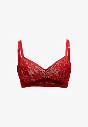 Rote Spitze-Bralette mit floralem Muster, gewellten Rändern und verstellbaren Trägern. Besitzt ein festes rotes Band und einen Haken- und Ösenverschluss auf der Rückseite.