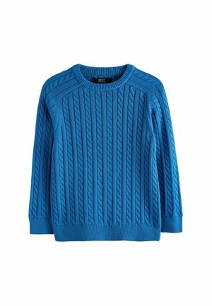 Jersey azul de punto trenzado con mangas largas, puños y bajo acanalados, cuello redondo y patrón trenzado vertical texturizado.