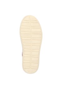 Sneaker buitenzool van crèmekleurig rubber, met een gestructureerd oppervlak en meerdere looppatronen, en een logo label dat op de hiel is geperst.