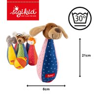 Set of five soft fabric bowling pins with animal heads, colorful patterned bodies, 21cm tall and 8cm wide, washable at 30 degrees Celsius.
