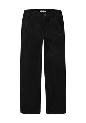 Pantalon en velours côtelé noir à jambes droites avec passants pour ceinture, poches avant et fermeture par bouton à la taille, présenté sur fond blanc.