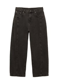 Pantaloni in denim neri a gamba larga con vita media, design a cinque tasche e cuciture a contrasto lungo le cuciture laterali. Tessuto pesante.