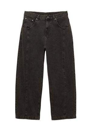 Pantaloni negri din denim cu croi larg, cu talie medie, design cu cinci buzunare și cusături contrastante pe laturile laterale. Textură grea.