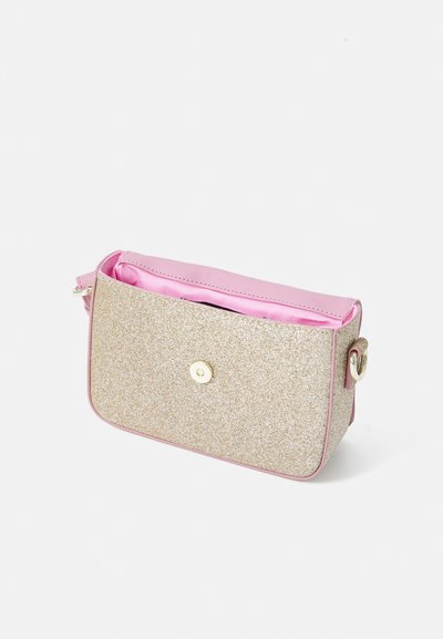 Sparkly gold and pink synthetic handbag with a foldover flap, gold-tone hardware, and a pink interior, featuring a magnetic snap closure.