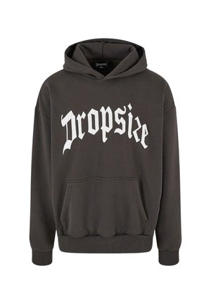 Tmavošedá mikina vyrobená z bavlnenej zmesi. Obsahuje predné vrecko, žebrované manžety a text "Dropsize" v tučnom bielom písme cez hruď.