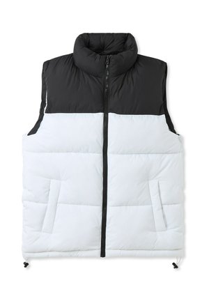 Kamizelka puchowa z czarną górną częścią i białym dołem, z zapięciem na zamek, wysokim kołnierzem i dwiema przednimi kieszeniami. Lekka i pikowana konstrukcja.