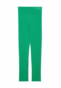Groene leggings van een gladde breisel stof. Voorzien van een brede tailleband met het "PATRIZ" logo en zijsplitten bij de enkels.