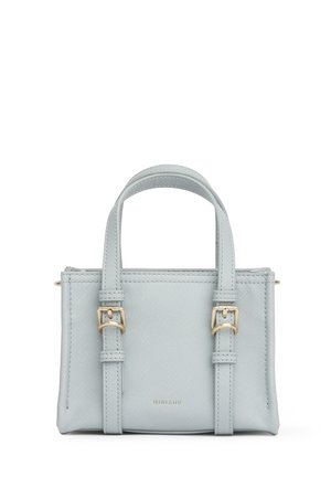 Borsa strutturata grigio chiaro con doppi manici superiori, dettagli con fibbie dorate e texture sottile, con la scritta "MIRIADO" al centro frontale.