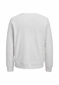 Sweat-shirt gris clair en mélange de coton doux. Il présente un col rond, des manches longues et des poignets côtelés avec une texture lisse et unie.