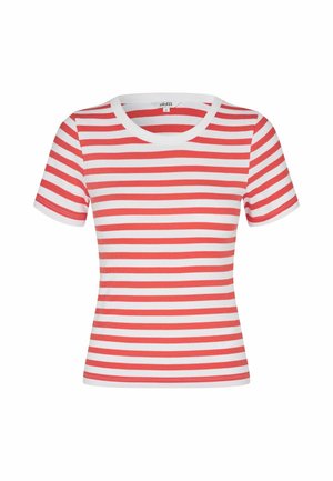 Eng anliegendes T-Shirt mit kurzen Ärmeln, horizontalen weißen und korallroten Streifen und einem abgerundeten Ausschnitt.