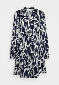 Long-sleeve navy dress with white abstract brushstroke pattern, V-neck, cinched waist with tie belt, and gathered collar detail.