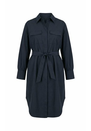 Dunkelblaues Hemdblusenkleid mit langen Ärmeln, Manschetten mit Knöpfen, Brusttaschen mit Klappen und einem gebundenen Taillengürtel.
