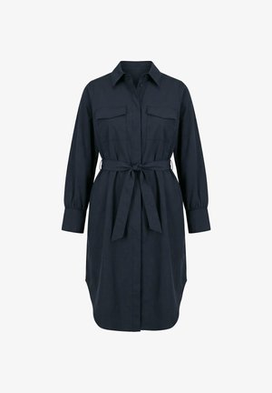 Donkerblauwe overhemdjurk met lange mouwen, manchetten met knopen, borstflapzakken en een ceintuur in de taille.