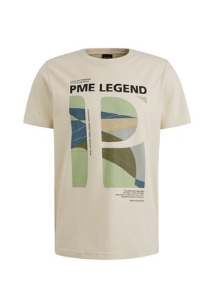 Beige cotton t-shirt featuring green and blue abstract designs, with bold black text stating "PME LEGEND" and additional print below.