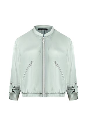 Lichtgrijze cropped bomberjack met ritssluiting aan de voorkant, twee diagonale ritssluitingen en opgerolde mouwen met knoopbandjes.