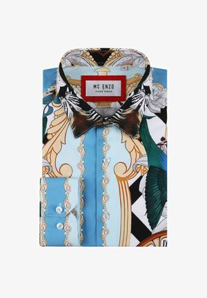 Chemise à manches courtes avec boutons en tissu bleu à motifs multicolores, comportant des graphismes ornés et un col noir et blanc.