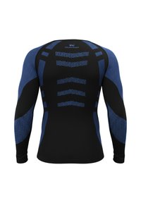 Long-sleeve athletic shirt in black and blue, featuring a fitted design, textured pattern on the sleeves, and logo on the back.