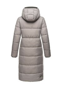 Light gray puffer coat with a hood, featuring a long design, stitched sections for insulation, and a small logo at the hem.