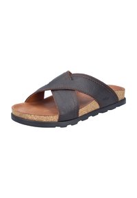 Bruine leren slidesandalen met kruisbanden, kurken voetbed en een gestructureerd design. Voorzien van een duurzame zwarte rubberen zool voor grip.